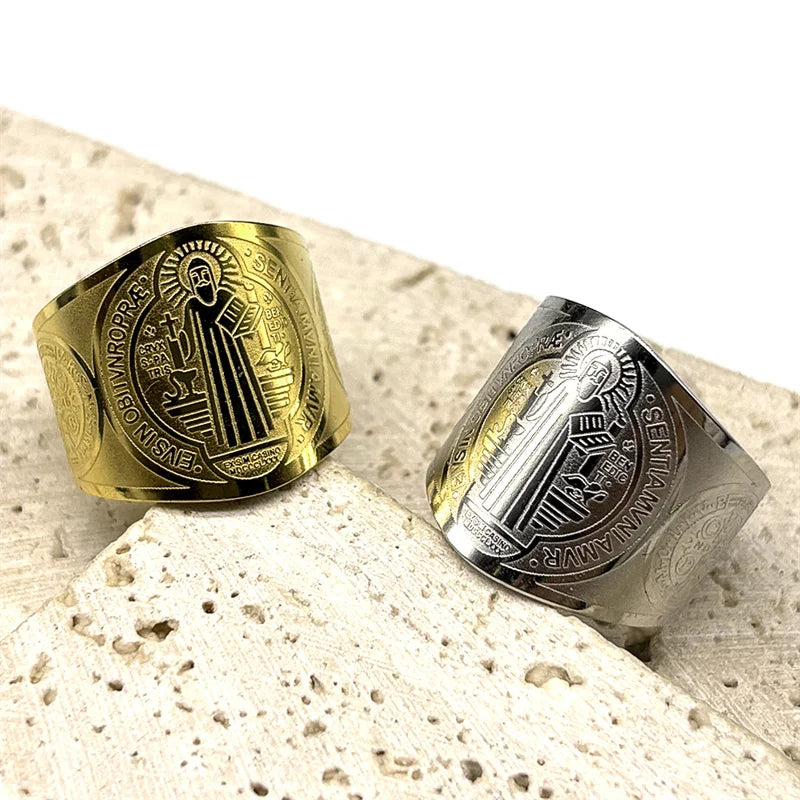 Catholic Saint Benedict Medallion Adjustable Rings for Women Men Stainless Steel Open Finger Ring Amulet Jewelry San Benito