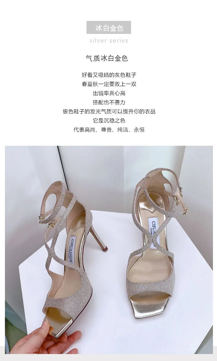 Luxury Sequined Women Gladiator Sandals Summer Designer Shoes for Women 2026 Square Head Hollow High Heels Fashion Ladies Shoes