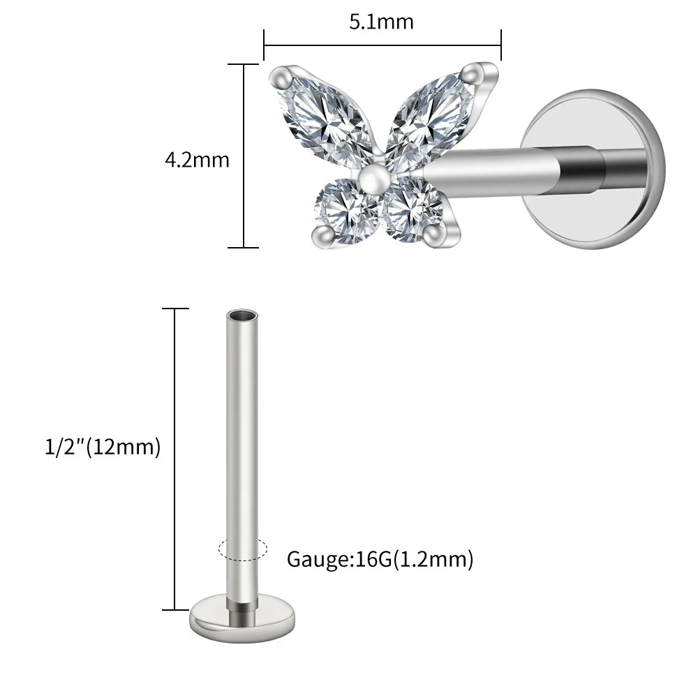 Right Grand ASTM F136 Titanium 16G Mini Butterfly CZ Labret Tragus Cartilage Conch Forward Helix Stud Nose Piercing Body Jewelry