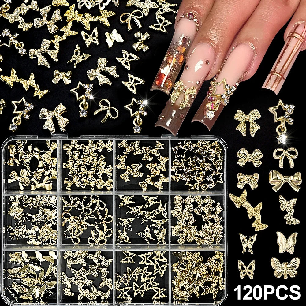 120Pcs/Box 3D Silver Exquisite Bowknot Nail Charms Simple Alloy Ribbon Bowtie Nail Art Decorations DIY Luxury Manicure Accessory