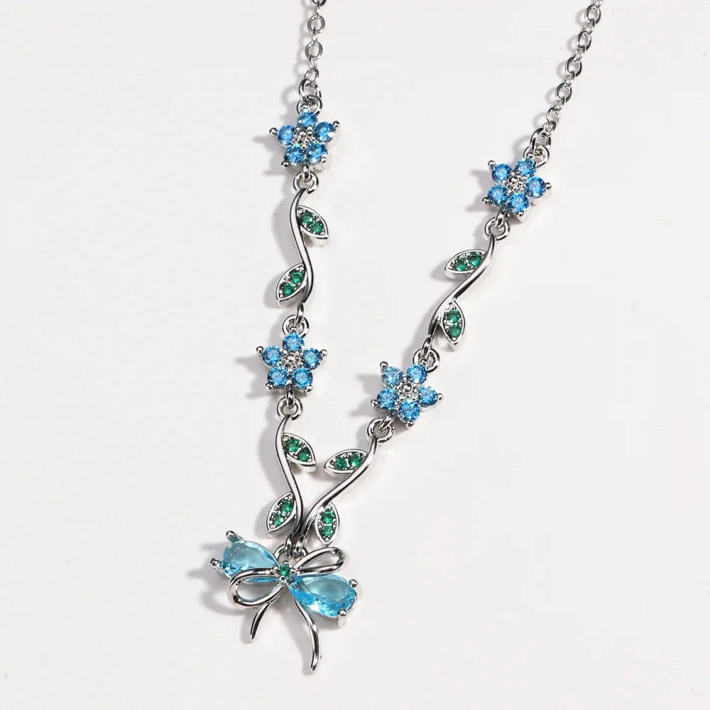 Summer New Fashion Exquisite Bow Leaf Flower Necklace For Women's Elegant Pink Zircon Chain Pendant Jewelry Gifts