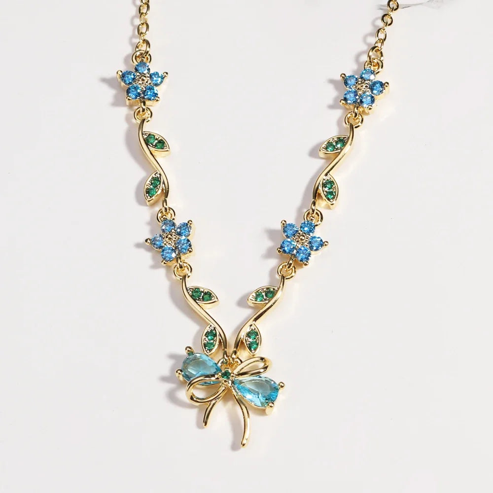 Summer New Fashion Exquisite Bow Leaf Flower Necklace For Women's Elegant Pink Zircon Chain Pendant Jewelry Gifts