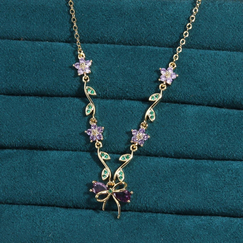 Summer New Fashion Exquisite Bow Leaf Flower Necklace For Women's Elegant Pink Zircon Chain Pendant Jewelry Gifts