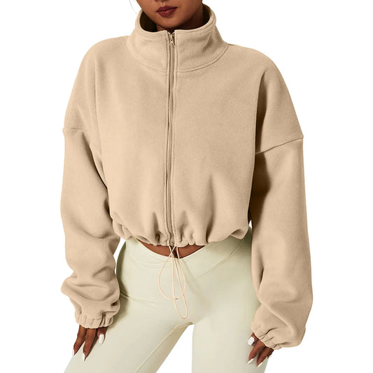 Women Autumn Stand Collar Fleece Jacket Zip Up Cropped Coat Solid Sweatshirt Top Drawstring Fashion Casual Outerwear Sportswear