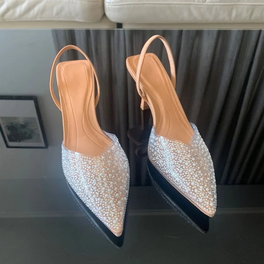 2024 Fashion Summer Women High Heels Pearl Decoration Slingback Woman Pumps Pointed Toe High Heels Sandals Elegant Woman Shoes