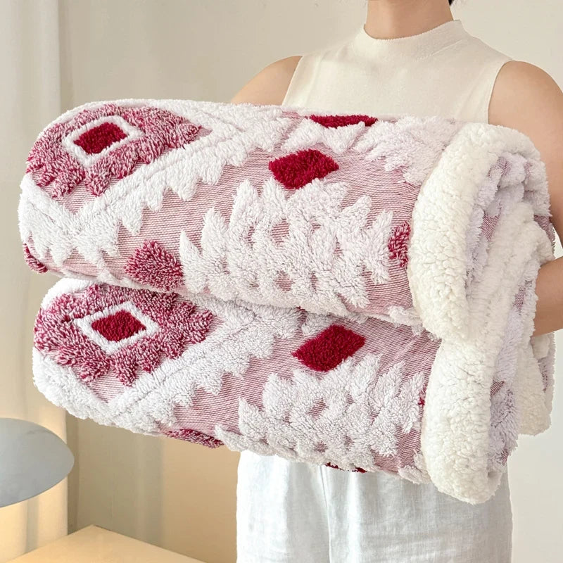 Geometric Patterned Jacquard Fleece Blanket Double Layer Thick Warm Taffeta Sofa Throw Blanket Spring Autumn Plush Bed Blanket
