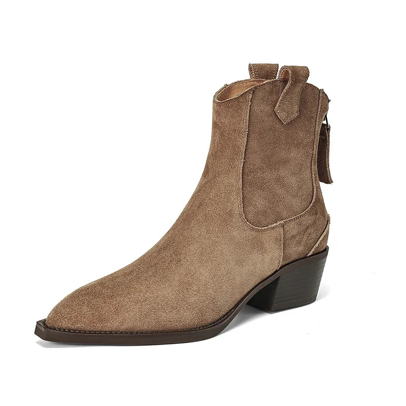 2025 Autumn Winter Trend Cow Suede Women Western Boots Black Brown Khaki Purple Green Burgundy Pointed Toe Ladies Ankle Boots