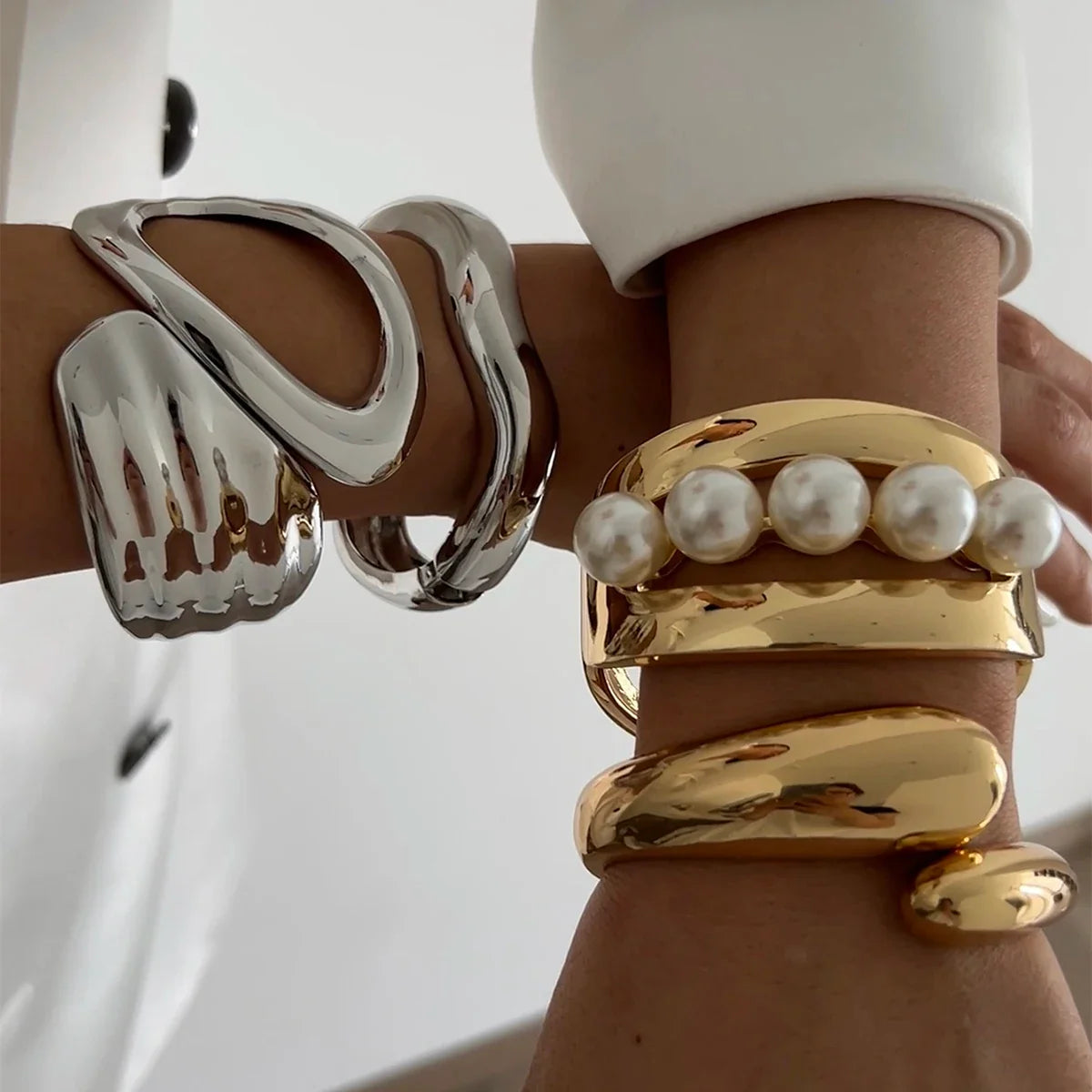 SHIXIN Design Geometric Water Drop Gold Color Wide Spring Bangles for Women Elegant Imitation Pearl Cuff Bracelets New Jewelry