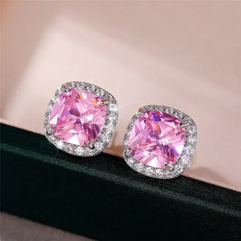 Huitan Classic Cushion Shape Stud Earrings with Brilliant Cubic Zirconia Stone Wedding Engagement Party Luxury Jewelry for Women