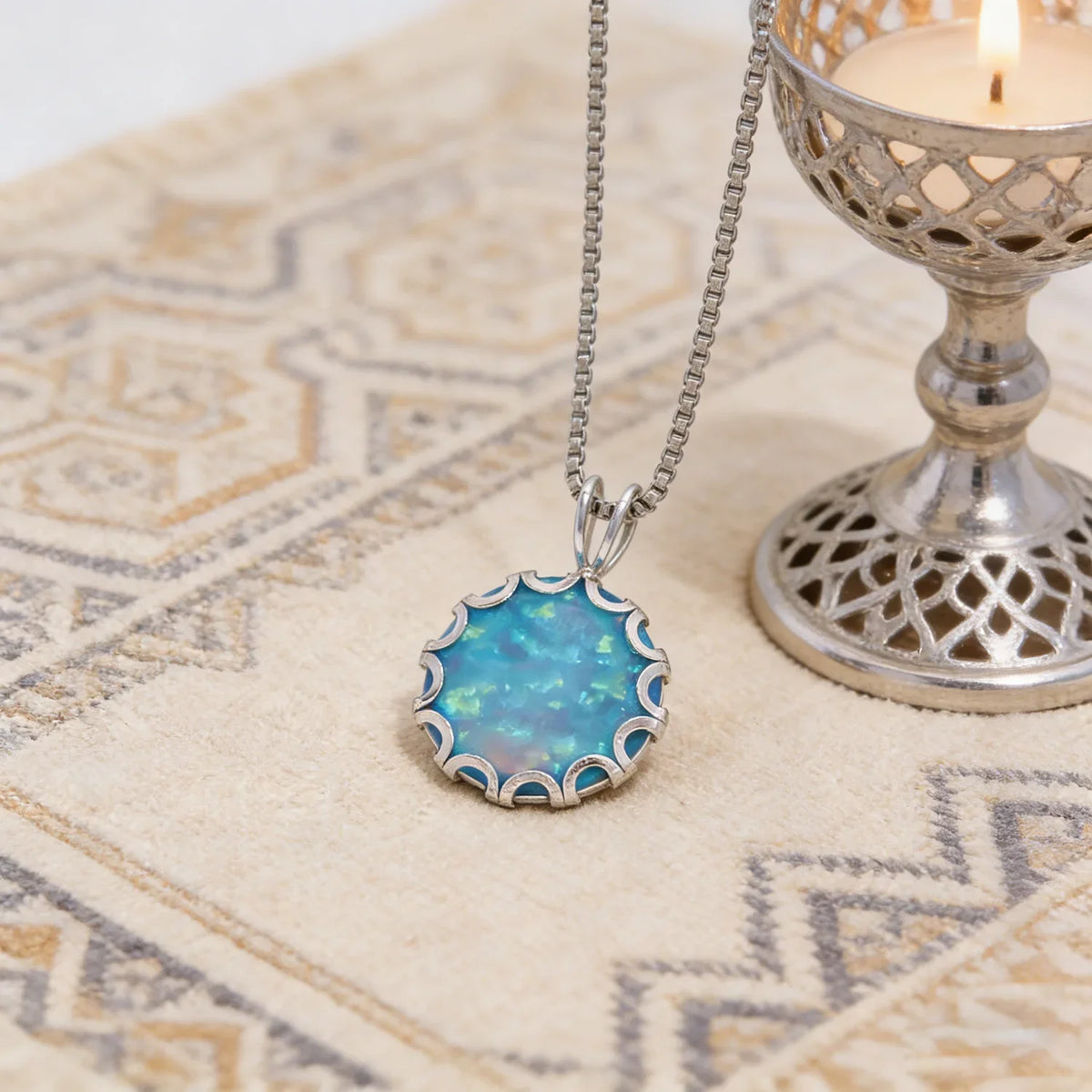 Wave Frame Opal Pendant Necklace,Round Blue Green Opal with Red Fire,White K Plated Floral Jewelry,Dainty Charms Gift for Women