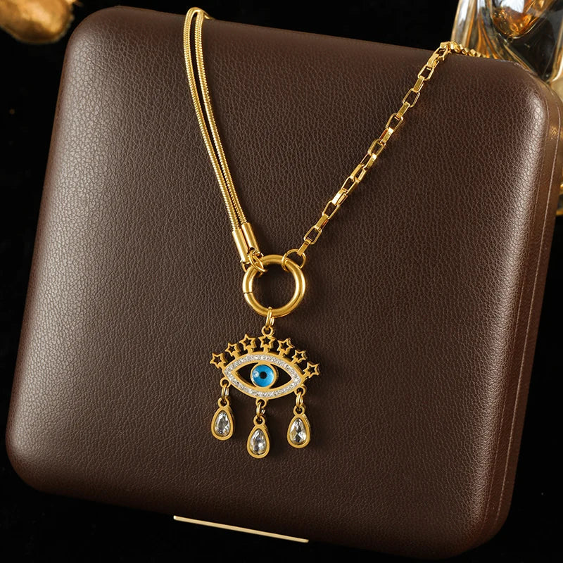GANEMLY 316l Stainless Steel Luxury Bling Cubic Zirconia Eye Droplets Pendant Necklace Women Chic Romantic Waterproof Jewelry