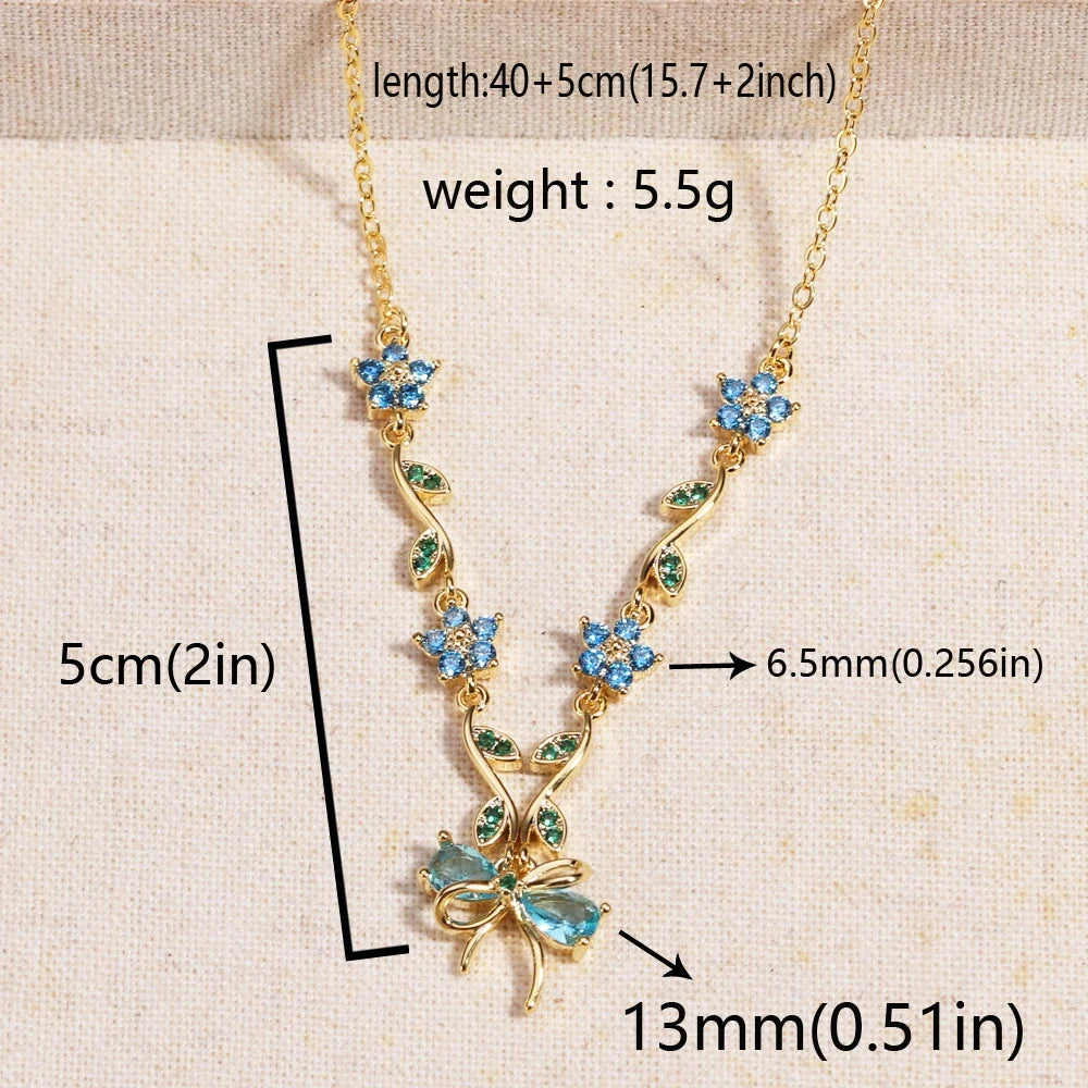 Summer New Fashion Exquisite Bow Leaf Flower Necklace For Women's Elegant Pink Zircon Chain Pendant Jewelry Gifts