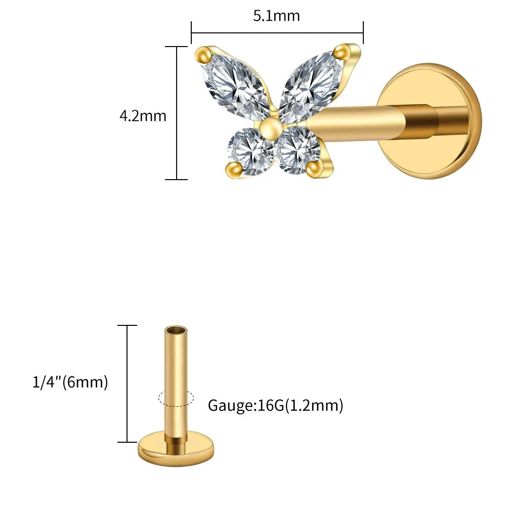 Right Grand ASTM F136 Titanium 16G Mini Butterfly CZ Labret Tragus Cartilage Conch Forward Helix Stud Nose Piercing Body Jewelry