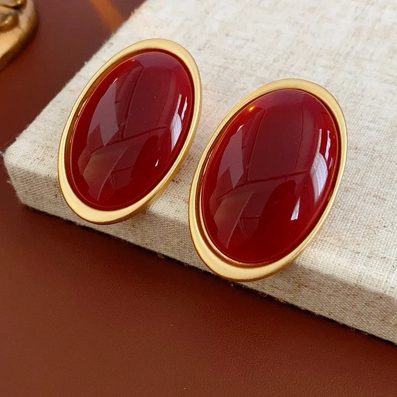 Anchor Red Geometric Oval Stud Earrings for Women Personality Versatile Resin Earrings Simple Fashion Jewelry Wholesale Gifts N1