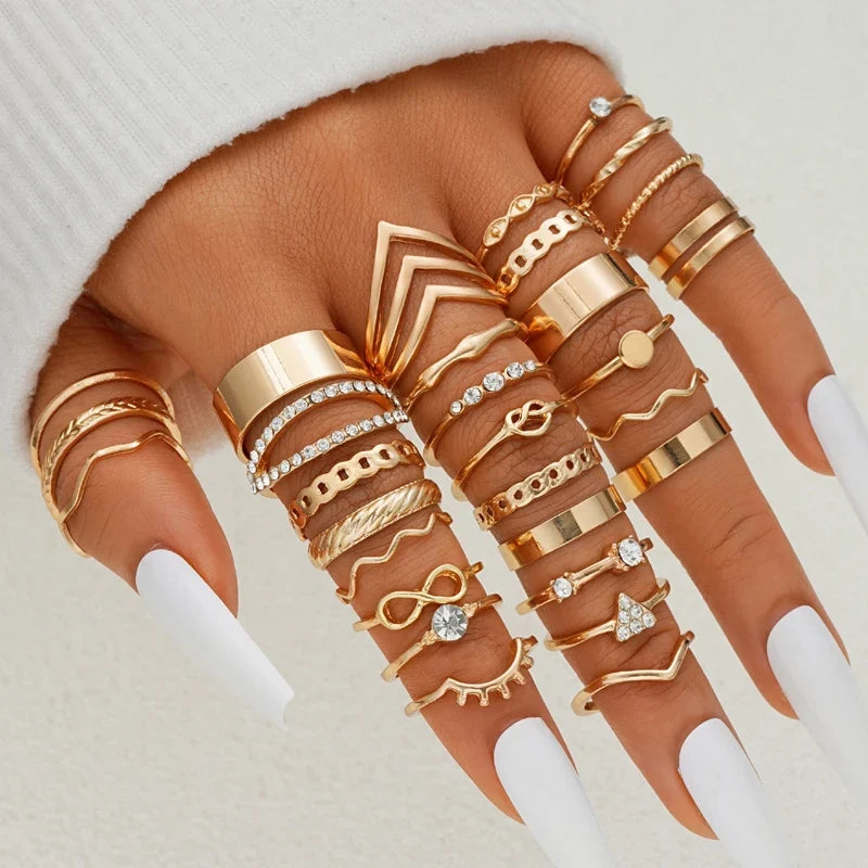 58PCS Vintage Heart Snake Butterfly Rings Set for Women Fashion Metal Gold Plated Geometric Hollow Finger Ring Jewelry Gifts New