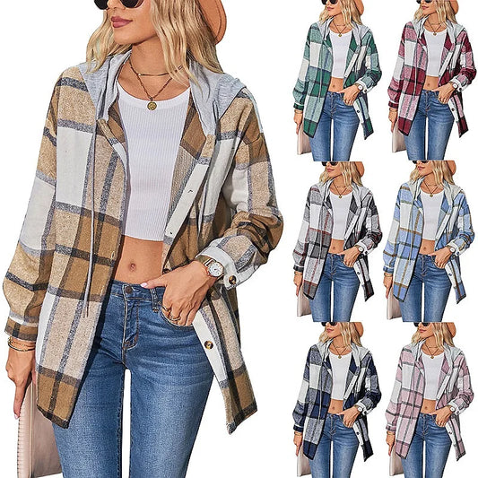 Women Hooded Plaid Wool Coat Blouse Top Spring Summer Fashion Outerwear