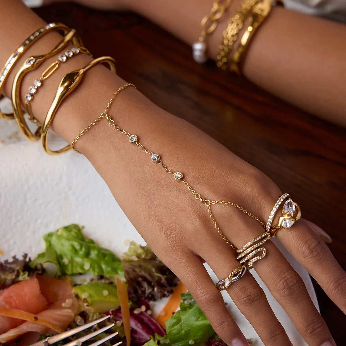 Uworld Fashion Zircon Serpentine Bracelet Ring Stainless Steel Finger Bracelet Stackable Chain Women's Accessories Party Gift