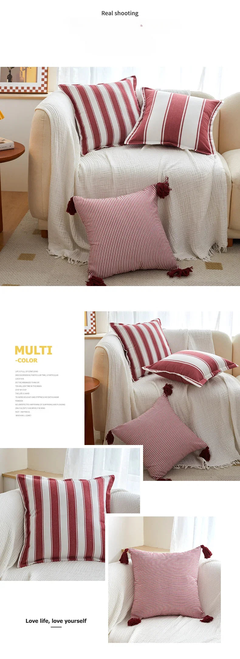 Classical Striped Cushion Cover 45x45cm Hawthorn Red Ivory Recycle Polyester Fabric Pillow Cover Indoor Outdoor Home Decoration