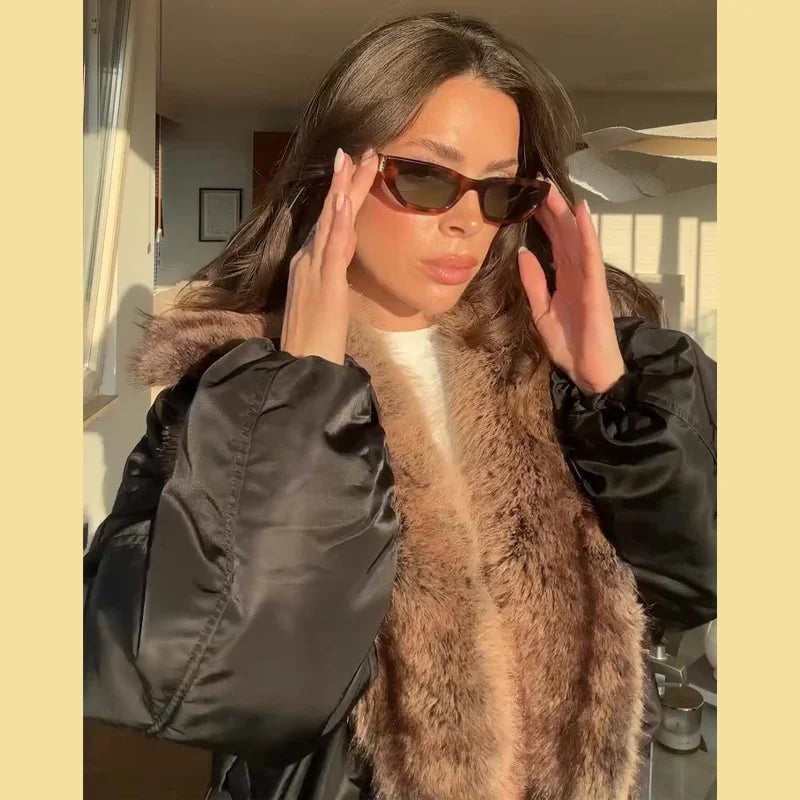 Fashion Faux Fur Patchwork Cotton Coat Women Lapel Zipper Pocket Cropped Street Warm Jacket 2026 Winter Lady Puffer Jackets New