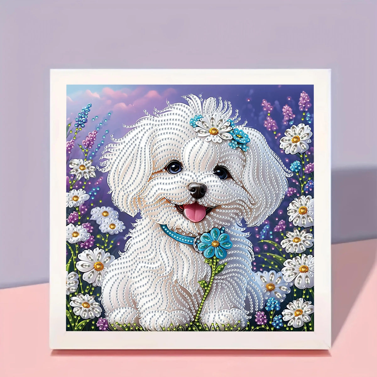A set of "White Puppy Wearing Flowers" 5D Diamond Painting Kit, DIY handmade craft, partially adorned with irregular diamonds