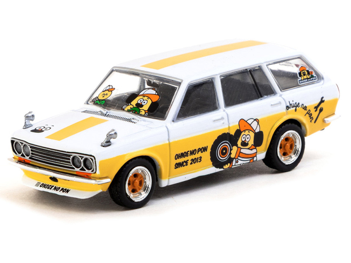 Datsun Bluebird 510 Wagon "Ohige no Pon" White with Orange Stripes and Graphics "Global64" Series 1/64 Diecast Model Car by Tarmac Works