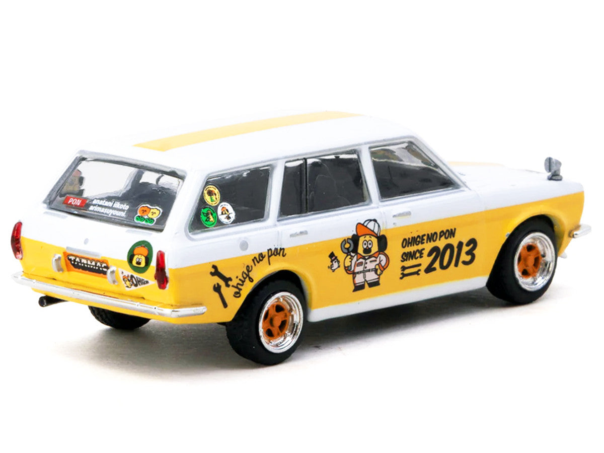 Datsun Bluebird 510 Wagon "Ohige no Pon" White with Orange Stripes and Graphics "Global64" Series 1/64 Diecast Model Car by Tarmac Works