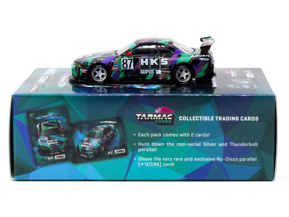 Nissan Skyline (R32) Widebody RHD (Right Hand Drive) #87 "HKS - Designed by Jon Sibal" Black with Graphics with Tarmac Cards "Global64" Series 1/64 Diecast Model Car by Tarmac Works