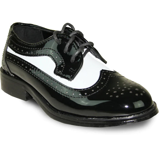 VANGELO Boy Dress Shoe TAB-3KID Oxford Formal Tuxedo for Prom & Wedding Black/White Patent Two Tone