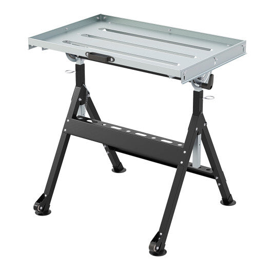 Folding Welding Table Welding Workbench with 2 Fixed Wheels 4-Level Height-Black