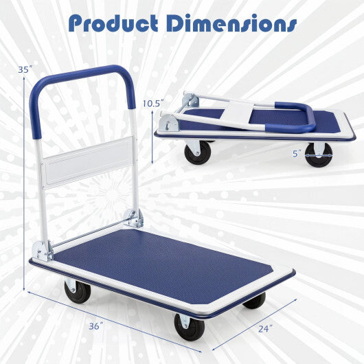Folding Platform Hand Truck with 4 Wheels & Collapsible Bed for Moving Warehouse-Blue