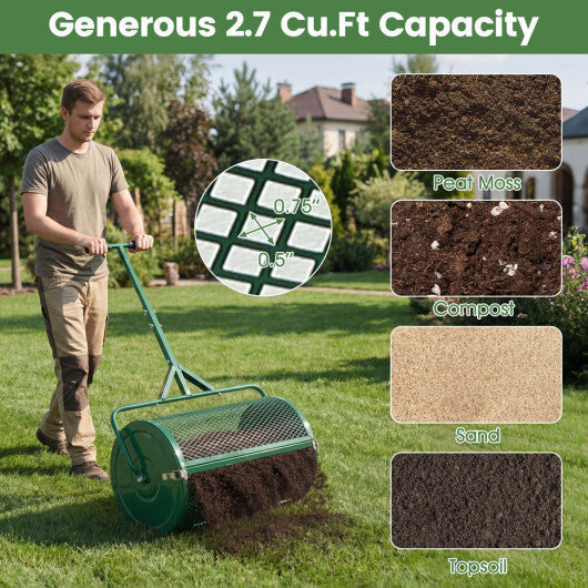 24 Inch Compost Spreader Peat Moss Spreader Roller with Height-Adjustable T-Shaped Handle-Black