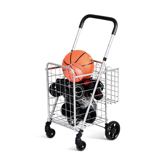 Folding Shopping Cart Basket Rolling Trolley with Adjustable Handle-Silver - Color: Silver
