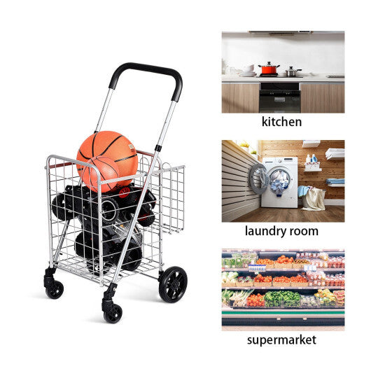 Folding Shopping Cart Basket Rolling Trolley with Adjustable Handle-Silver - Color: Silver