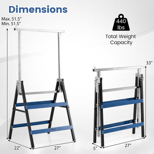 2 Pack Heavy Duty Metal Folding Saw Horses with Adjustable Height- Blue