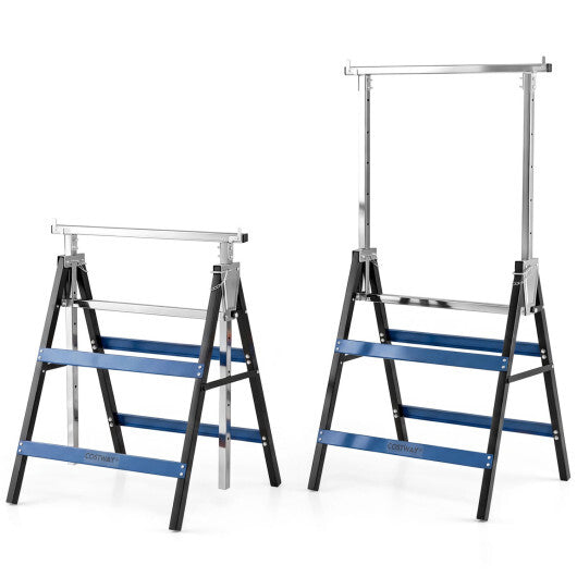 2 Pack Heavy Duty Metal Folding Saw Horses with Adjustable Height- Blue
