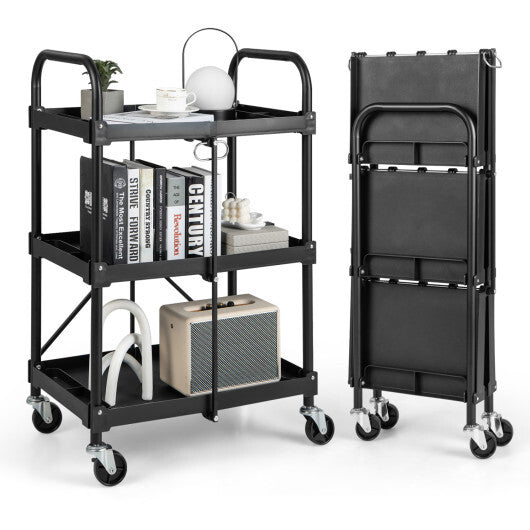 3-Tier Folding Trolley Cart with Universal Wheels Heavy Duty for Warehouse-Black