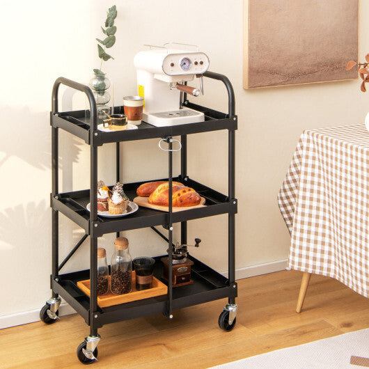 3-Tier Folding Trolley Cart with Universal Wheels Heavy Duty for Warehouse-Black