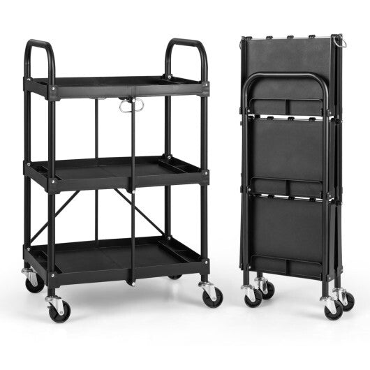 3-Tier Folding Trolley Cart with Universal Wheels Heavy Duty for Warehouse-Black