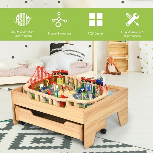 Kids Wooden Train Set Table with 100 Multicolor Pieces and Lockable Wheels