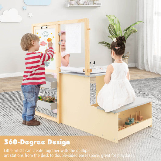 Kids Art Center Wooden Table Bench Set-Brown