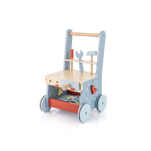 2-in-1 Toddler Wooden Baby Push Walker with Multi-Activity Center - Color: Blue