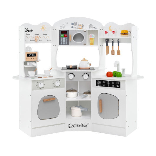 Corner Wooden Play Kitchen with Coffee Machine and Slide for Kids-Brown