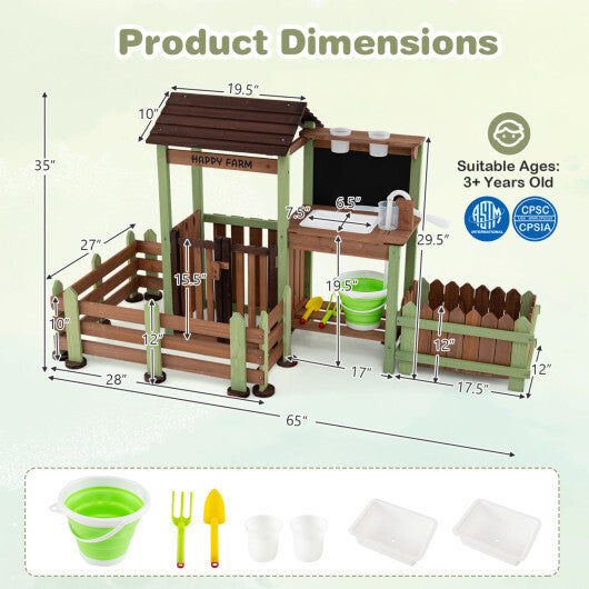 Fir Wood Mud Farm Playset with Planter Box Lockable Yard and Faucet for 3+ Kids