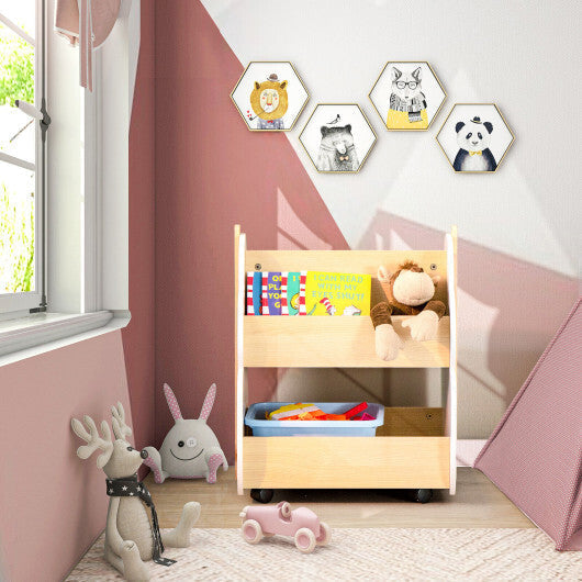 Kids Wooden Bookshelf with Universal Wheels-Gray