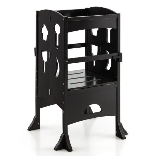Folding Wooden Step Stool with Lockable Safety Rail for Toddler 3+-White