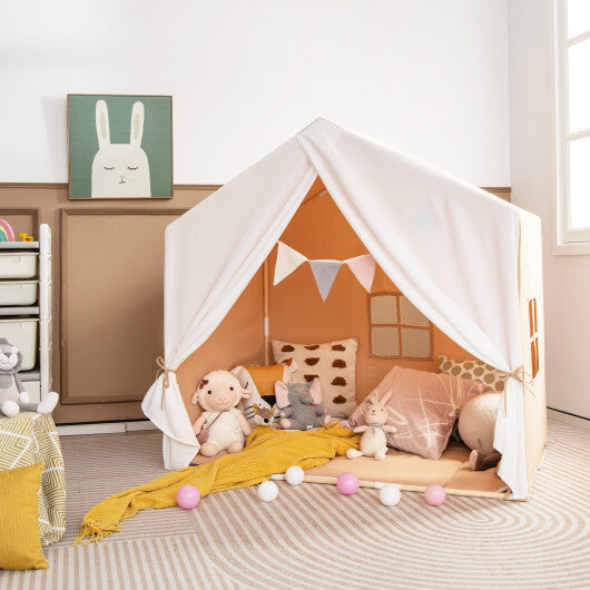 Kid's Play Tent with Washable Cotton Mat and Flag Banner-Orange