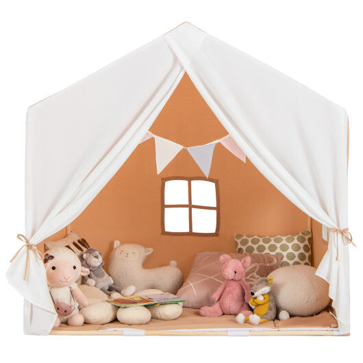 Kid's Play Tent with Washable Cotton Mat and Flag Banner-Orange