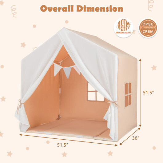 Kid's Play Tent with Washable Cotton Mat and Flag Banner-Orange