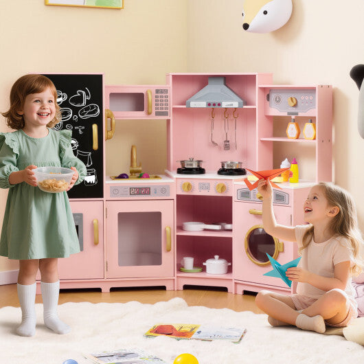 Corner Wooden Play Kitchen with Lights and Sounds Large Pretend Play Kitchen Set-Espresso