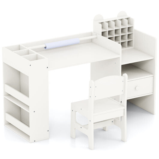 Kids Art Table and Chair Set with Detachable Paper Roll Holder and Cabinet-White